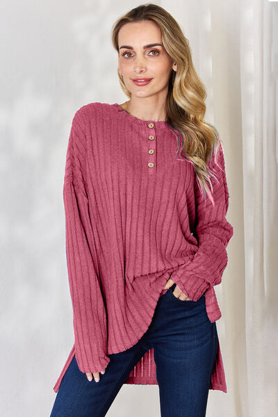Basic Bae Full Size Ribbed Half Button Long Sleeve High-Low T-Shirt  | KIKI COUTURE