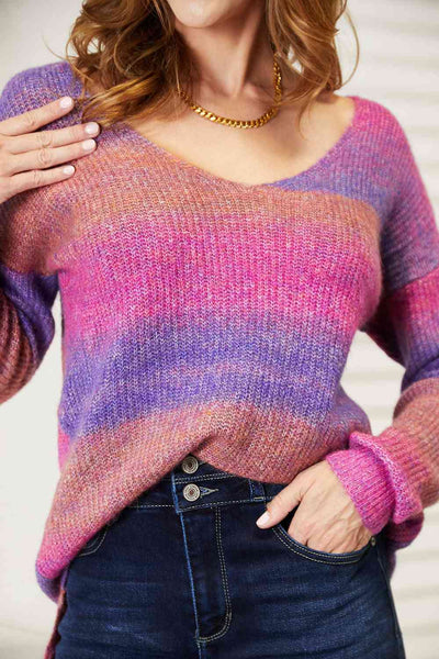 Double Take Multicolored Rib-Knit V-Neck Knit Pullover  | KIKI COUTURE