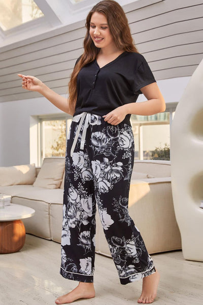 Full Size V-Neck Top and Floral Pants Lounge Set  | KIKI COUTURE-Women's Clothing, Designer Fashions, Shoes, Bags