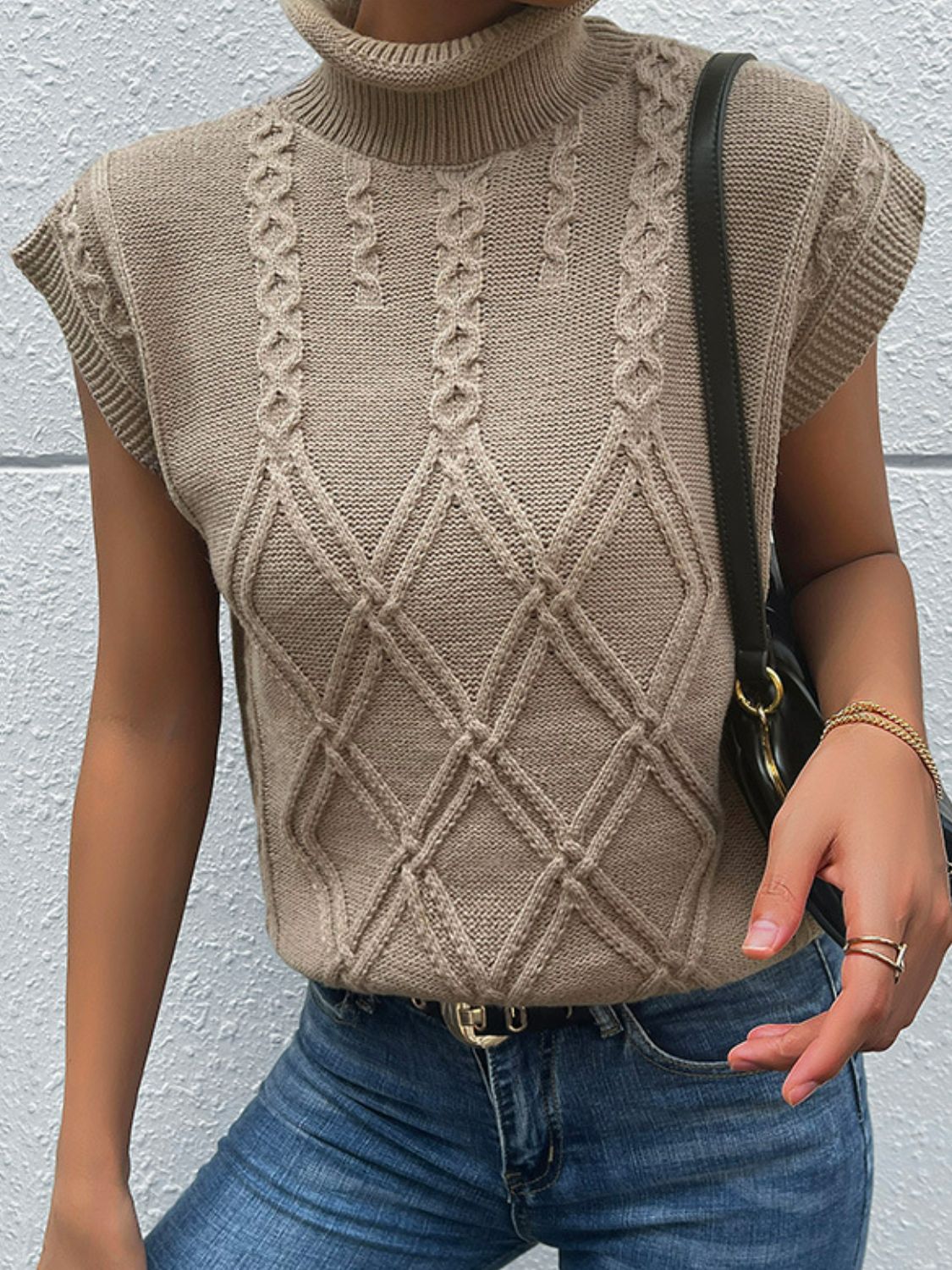 Mixed Knit Turtleneck Sweater Vest  | KIKI COUTURE-Women's Clothing, Designer Fashions, Shoes, Bags