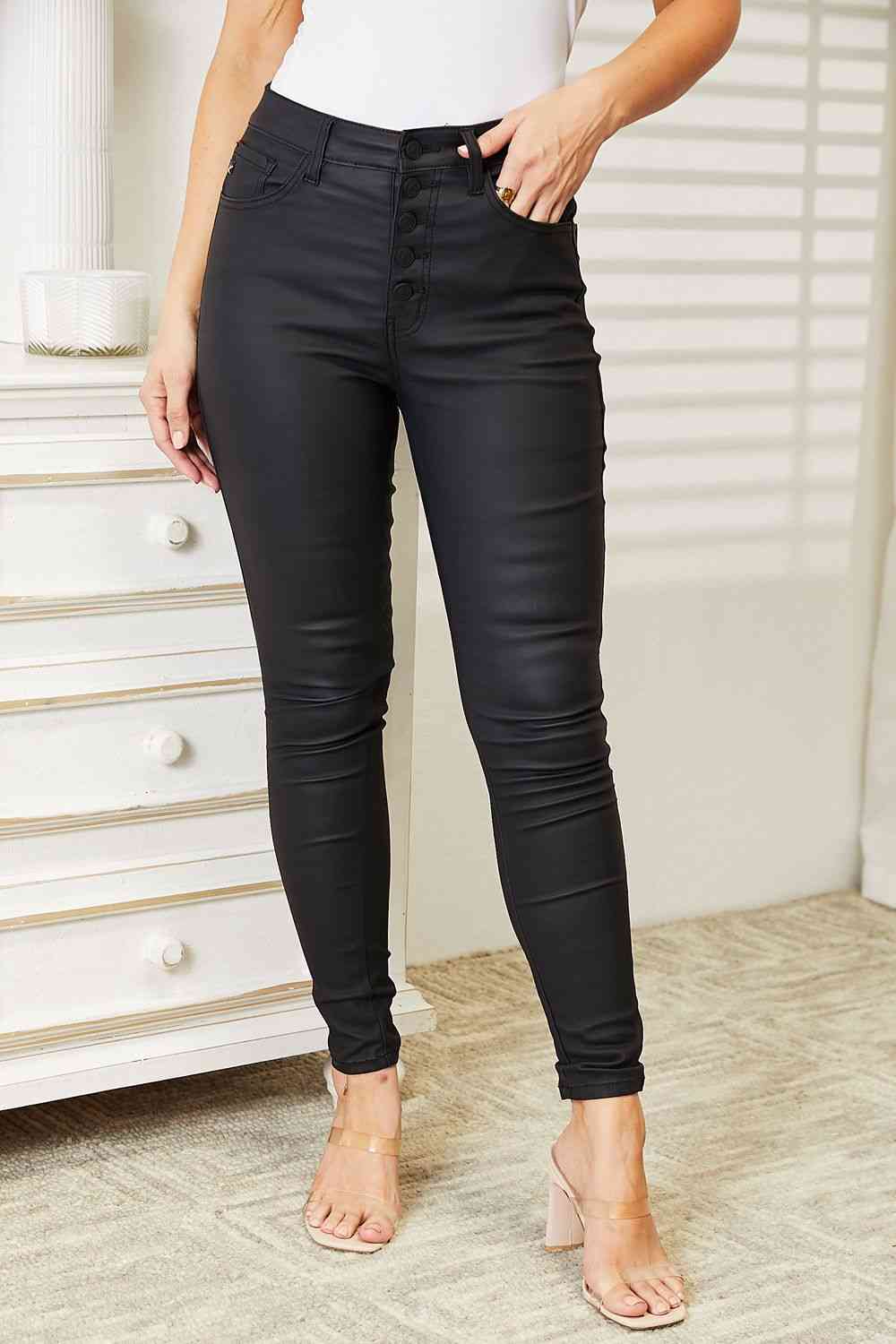 Kancan Full Size High Rise Black Coated Ankle Skinny Jeans  | KIKI COUTURE