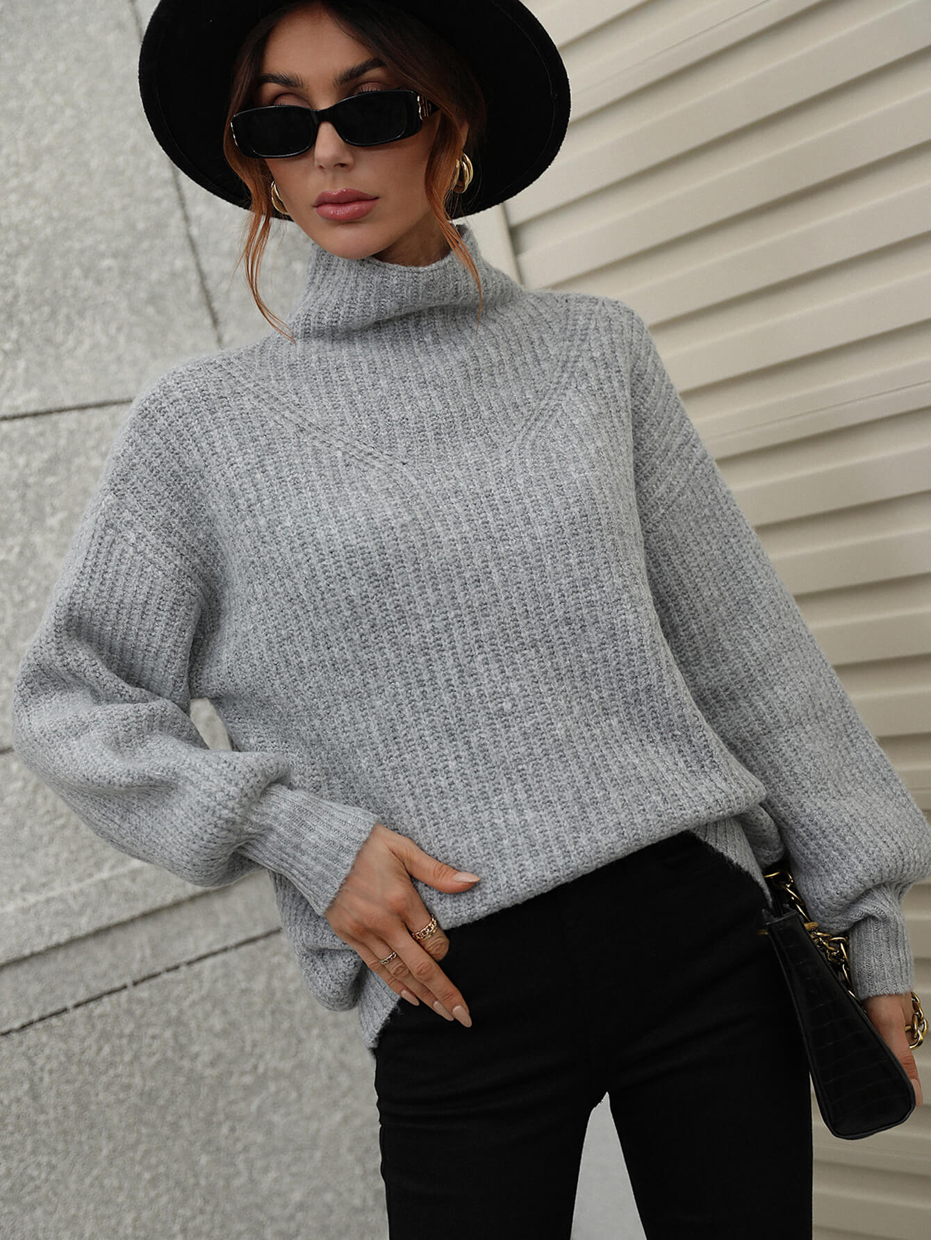 High Neck Balloon Sleeve Rib-Knit Pullover Sweater  | KIKI COUTURE-Women's Clothing, Designer Fashions, Shoes, Bags