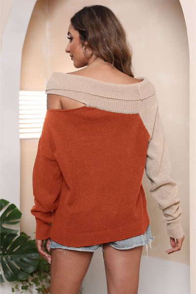 Asymmetrical Long Sleeve Two-Tone Cutout Sweater  | KIKI COUTURE