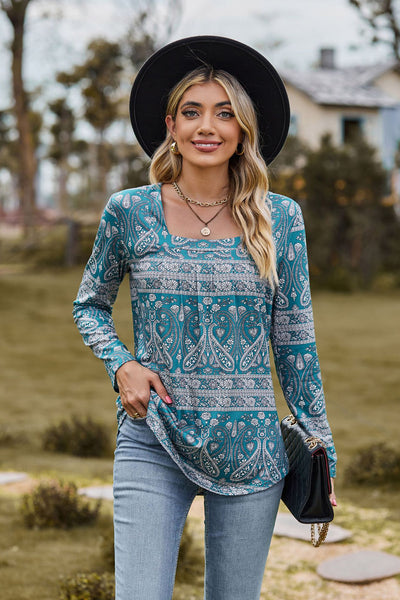 Printed Square Neck Long Sleeve Blouse  | KIKI COUTURE