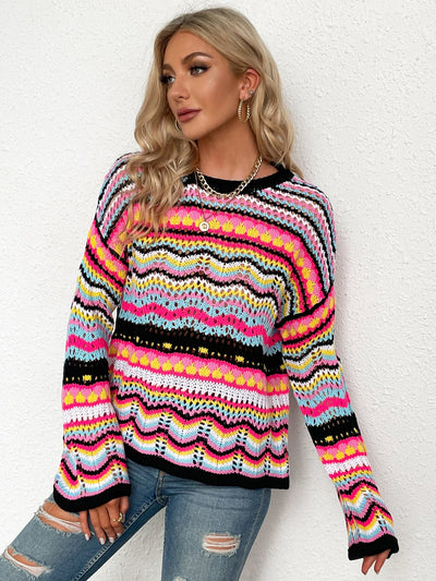 Rainbow Stripe Openwork Flare Sleeve Knit Top  | KIKI COUTURE-Women's Clothing, Designer Fashions, Shoes, Bags
