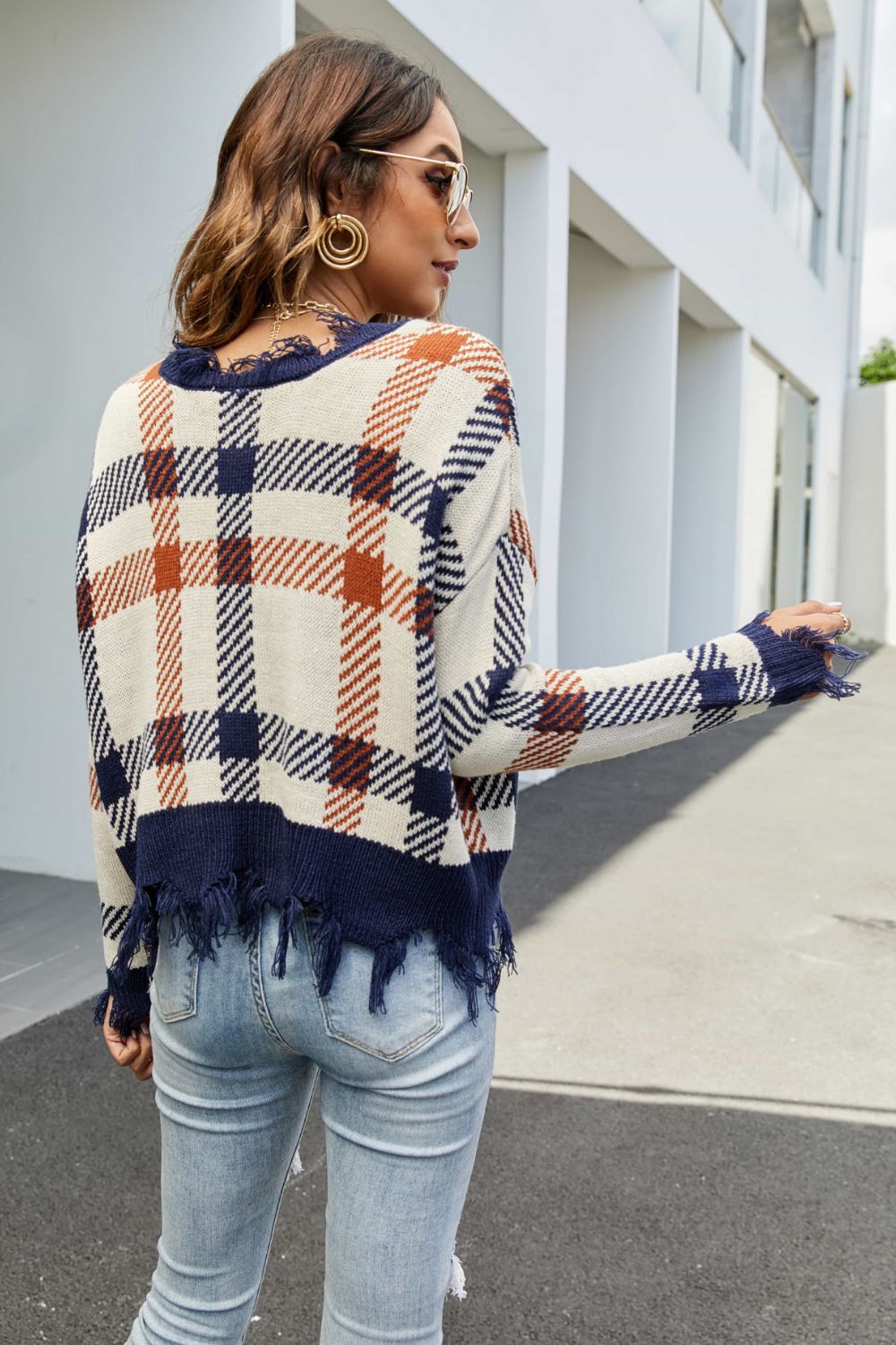 Plaid Distressed Drop Shoulder Sweater  | KIKI COUTURE-Women's Clothing, Designer Fashions, Shoes, Bags