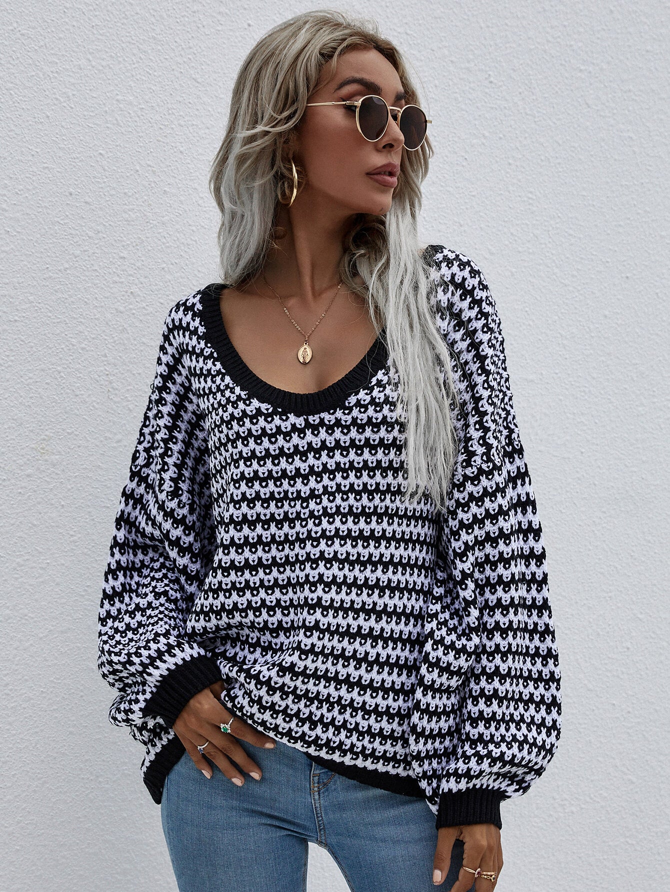 Striped Drop Shoulder V-Neck Pullover Sweater  | KIKI COUTURE-Women's Clothing, Designer Fashions, Shoes, Bags