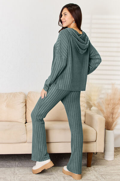 Basic Bae Full Size Ribbed Drawstring Hood Top and Straight Pants Set  | KIKI COUTURE
