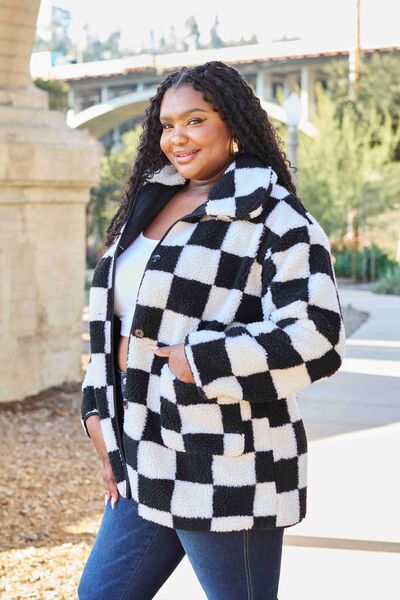 Double Take Full Size Checkered Button Front Coat with Pockets  | KIKI COUTURE