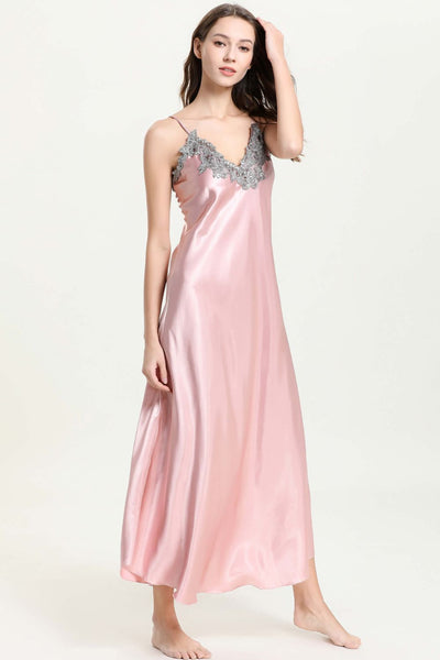 Full Size Lace Trim V-Neck Spaghetti Strap Satin Night Dress  | KIKI COUTURE-Women's Clothing, Designer Fashions, Shoes, Bags