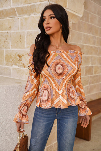 Printed Off-Shoulder Smocked Flounce Sleeve Blouse  | KIKI COUTURE-Women's Clothing, Designer Fashions, Shoes, Bags