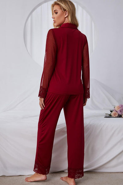 Spliced Lace Lapel Collar Pajama Set  | KIKI COUTURE-Women's Clothing, Designer Fashions, Shoes, Bags