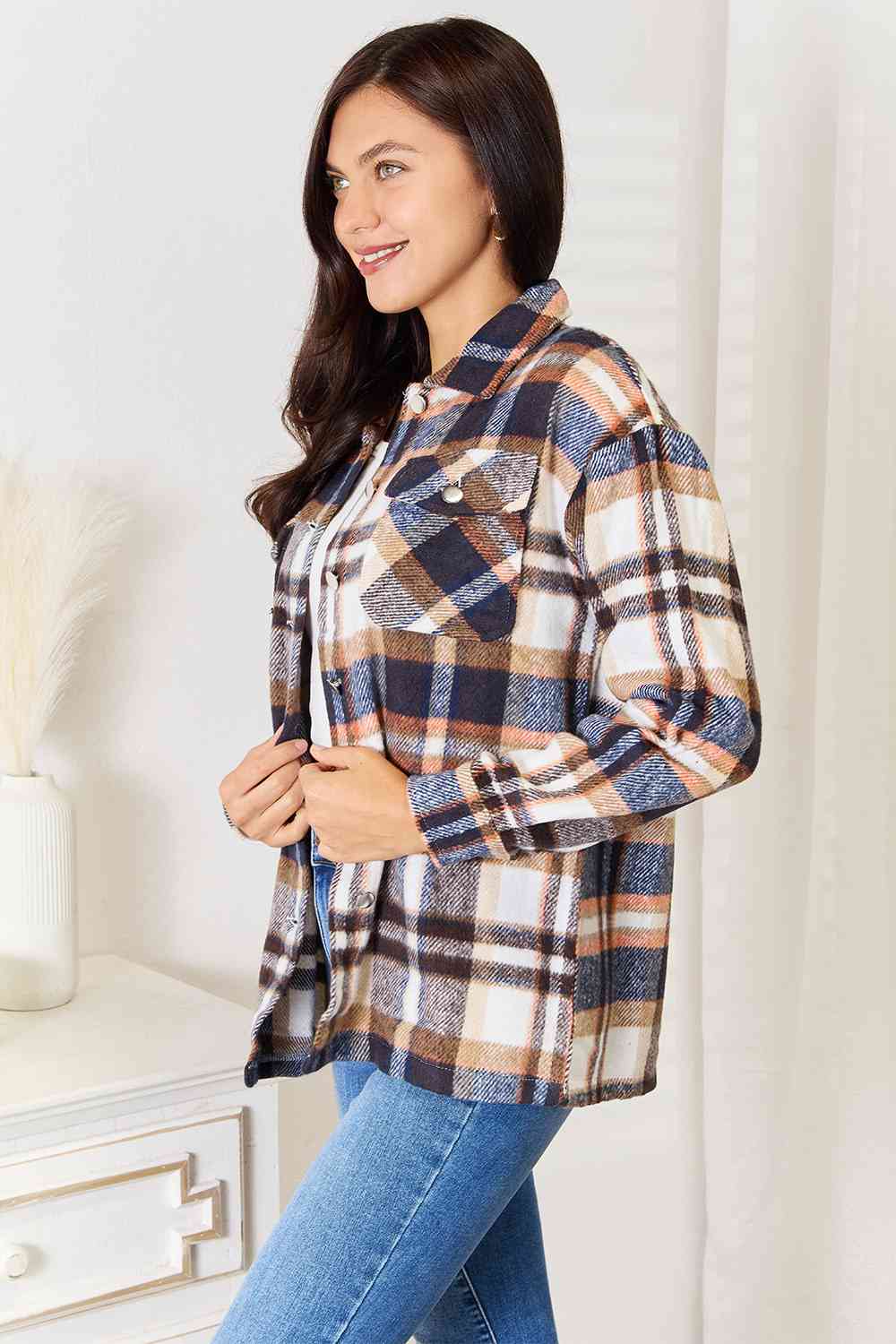 Double Take Plaid Button Front Shirt Jacket with Breast Pockets  | KIKI COUTURE