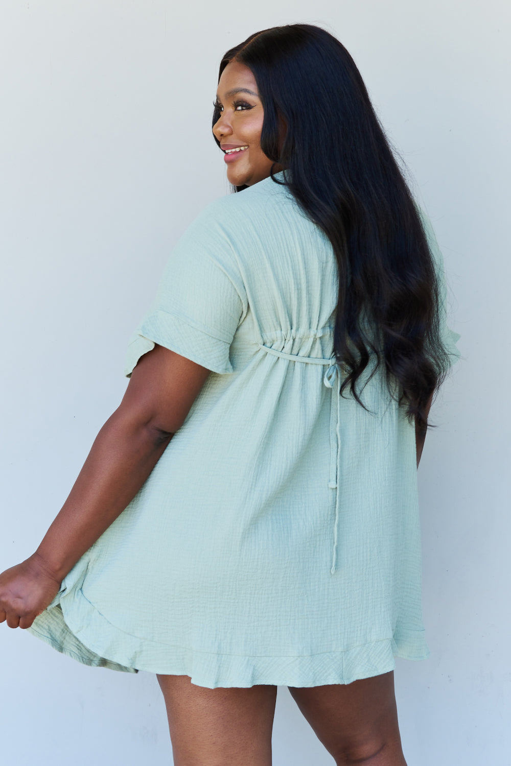 Ninexis Out Of Time Full Size Ruffle Hem Dress with Drawstring Waistband in Light Sage  | KIKI COUTURE