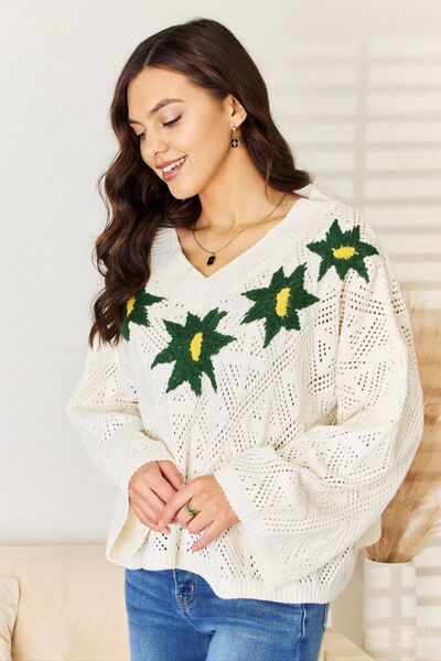 POL Floral Embroidered Pattern V-Neck Sweater  | KIKI COUTURE