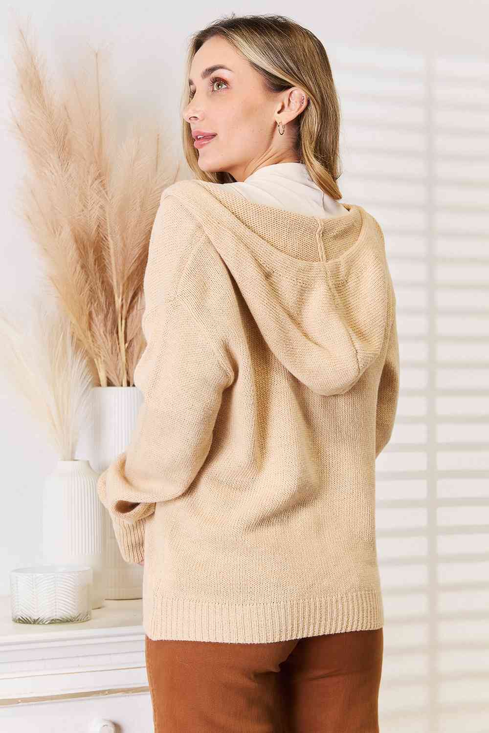 Woven Right Button-Down Long Sleeve Hooded Sweater  | KIKI COUTURE