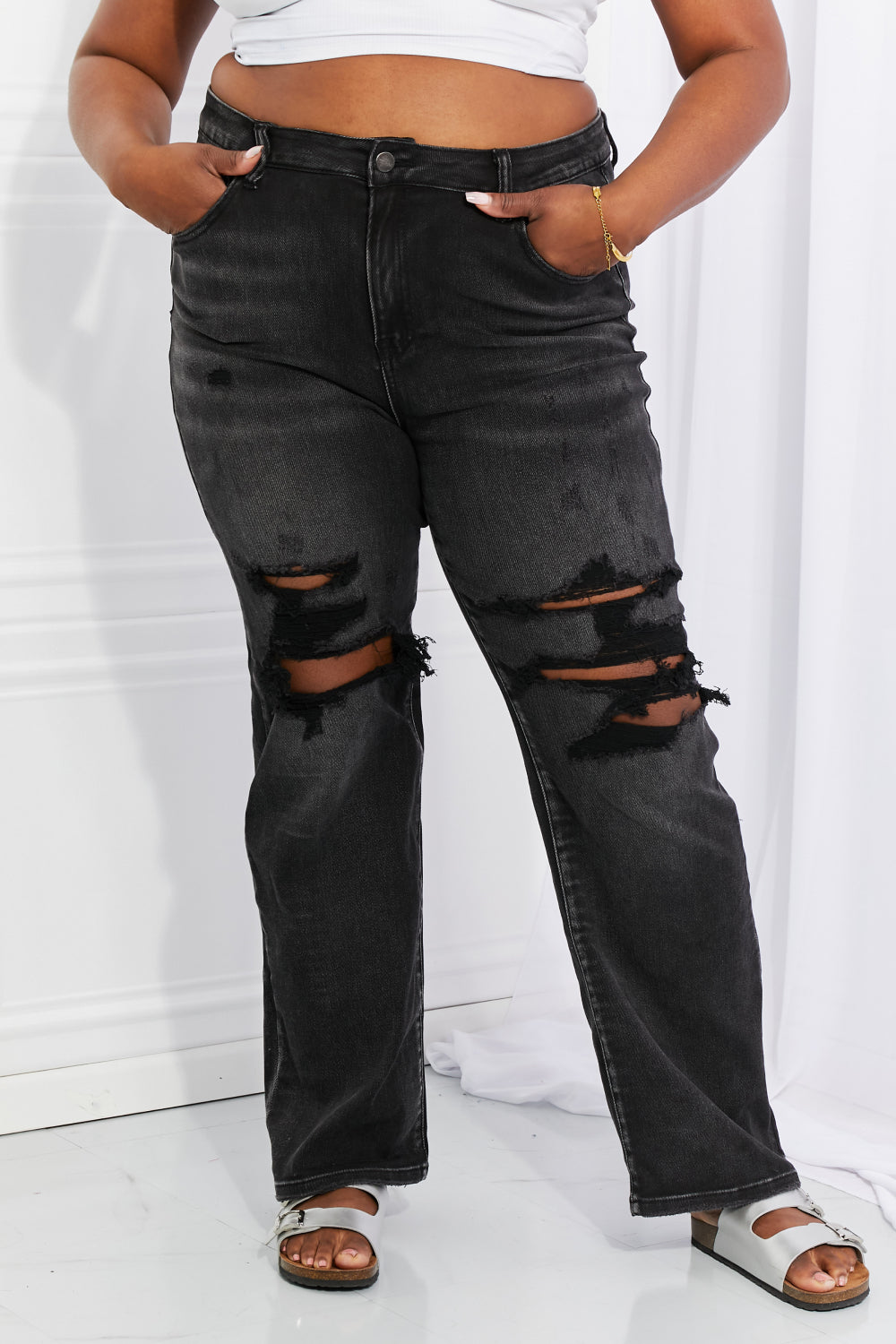 RISEN Full Size Lois Distressed Loose Fit Jeans  | KIKI COUTURE