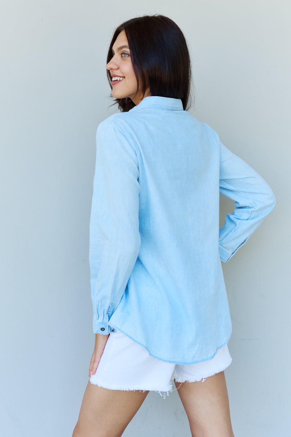 Doublju Blue Jean Baby Denim Button Down Shirt Top in Light Blue  | KIKI COUTURE