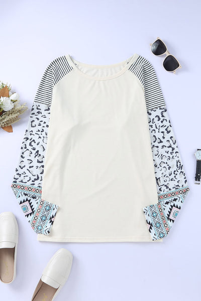 Plus Size Mixed Print Raglan Sleeve Round Neck Top  | KIKI COUTURE-Women's Clothing, Designer Fashions, Shoes, Bags