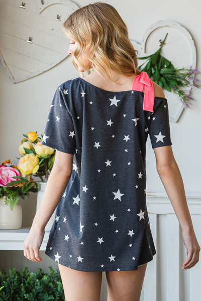 Heimish Full Size Star Print Asymmetrical Neck Short Sleeve Top  | KIKI COUTURE