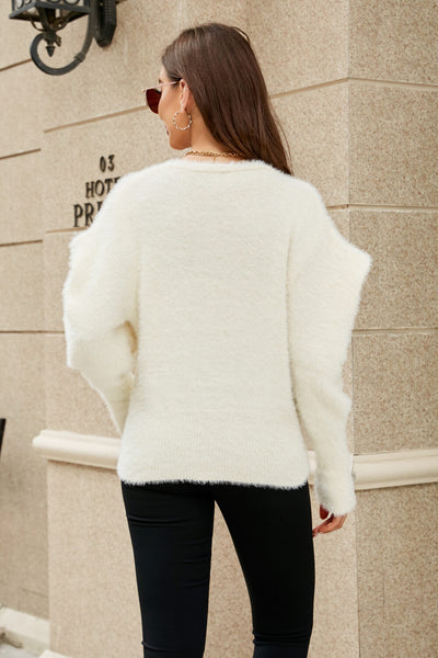 Puff Sleeve V-Neck Fuzzy Cardigan  | KIKI COUTURE-Women's Clothing, Designer Fashions, Shoes, Bags