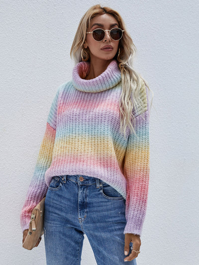 Rainbow Rib-Knit Turtleneck Drop Shoulder Sweater  | KIKI COUTURE-Women's Clothing, Designer Fashions, Shoes, Bags