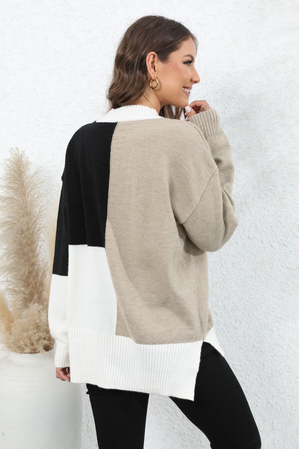 Color Block Crewneck Drop Shoulder Sweater  | KIKI COUTURE-Women's Clothing, Designer Fashions, Shoes, Bags