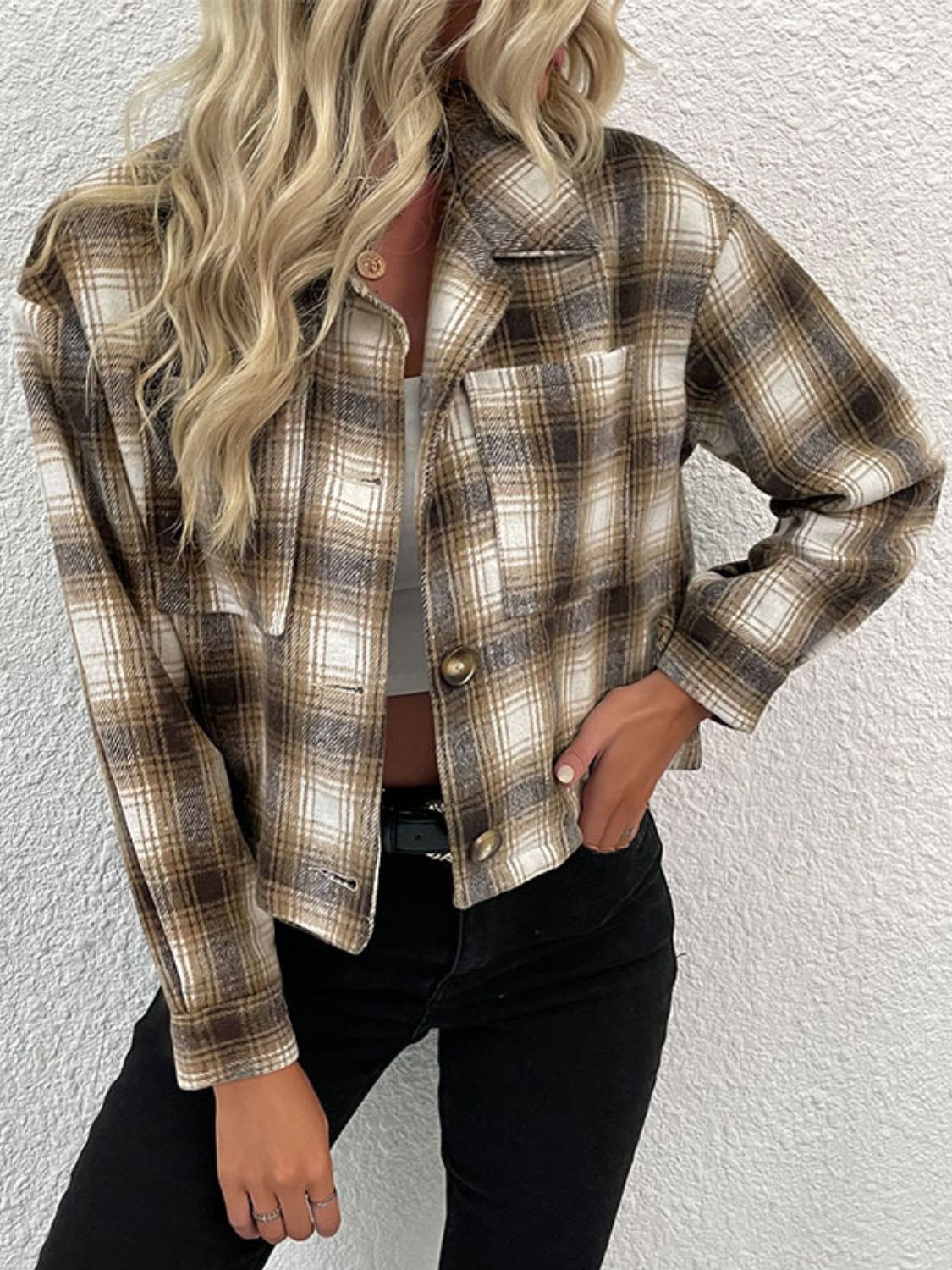 Plaid Button-Up Dropped Shoulder Shacket  | KIKI COUTURE-Women's Clothing, Designer Fashions, Shoes, Bags
