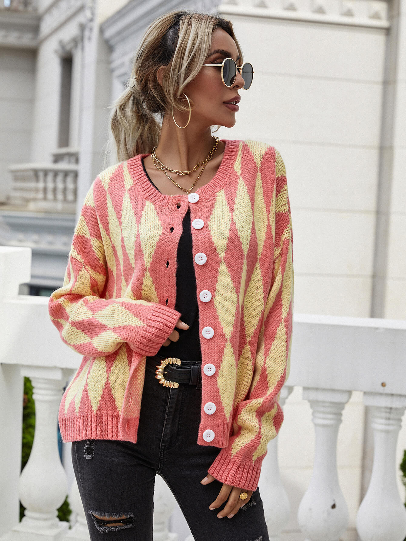 Argyle Button Front Drop Shoulder Cardigan  | KIKI COUTURE-Women's Clothing, Designer Fashions, Shoes, Bags