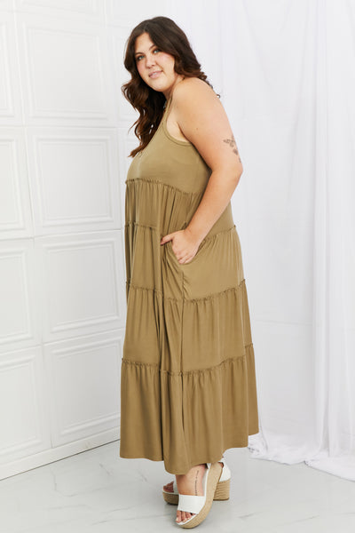 Zenana Full Size Spaghetti Strap Tiered Dress with Pockets in Khaki  | KIKI COUTURE