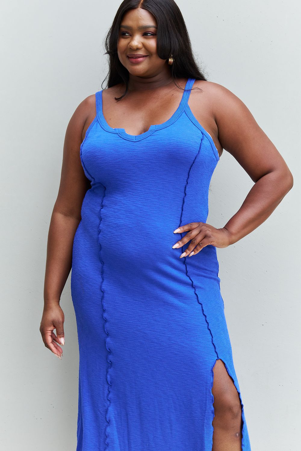 Culture Code Look At Me Full Size Notch Neck Maxi Dress with Slit in Cobalt Blue  | KIKI COUTURE