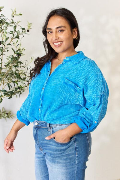 Zenana Full Size Washed Raw Trim Button Down Shirt  | KIKI COUTURE