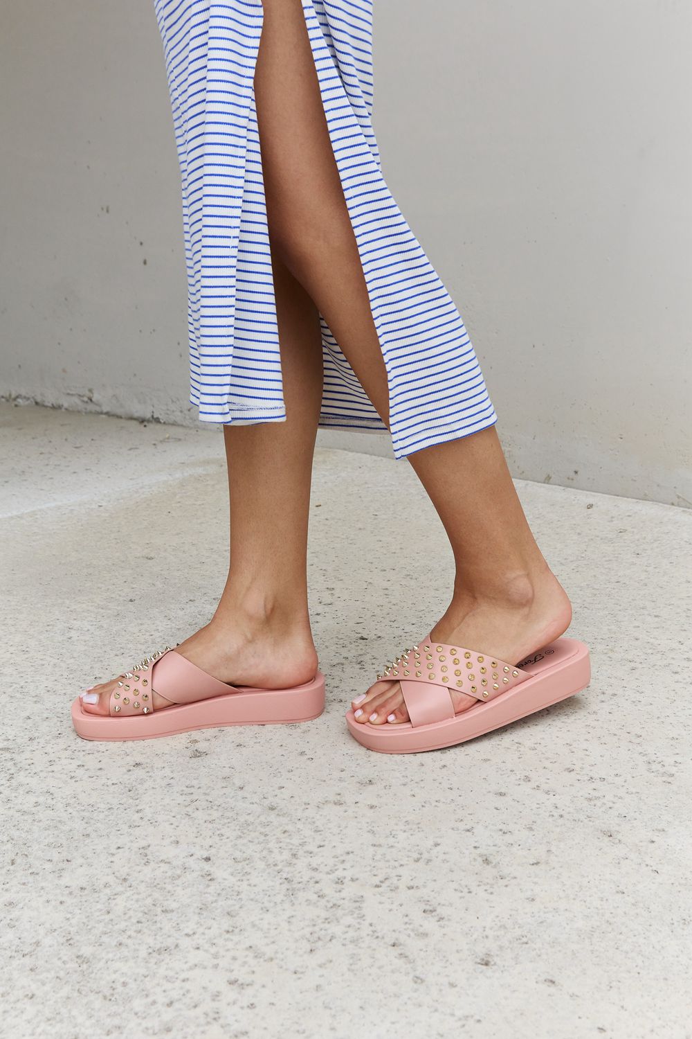 Forever Link Studded Cross Strap Sandals in Blush  | KIKI COUTURE