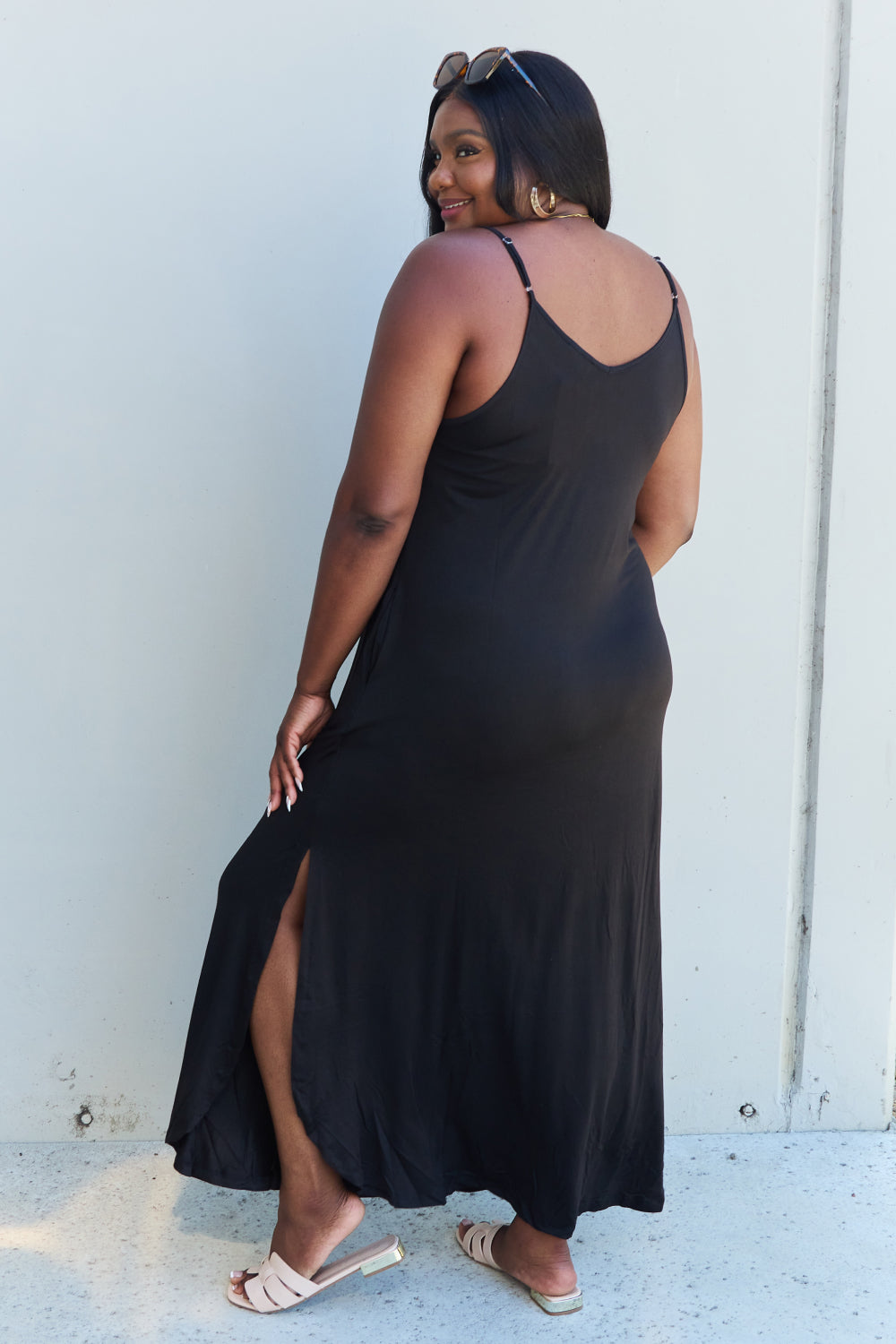 Ninexis Good Energy Full Size Cami Side Slit Maxi Dress in Black  | KIKI COUTURE