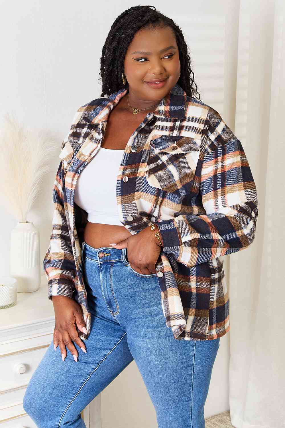 Double Take Plaid Button Front Shirt Jacket with Breast Pockets  | KIKI COUTURE