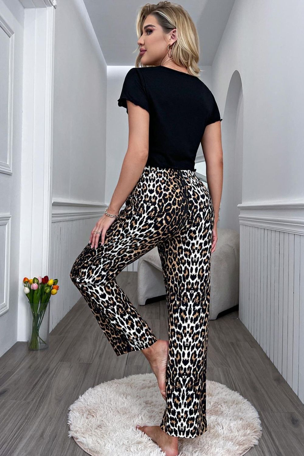 Lettuce Trim Cropped T-Shirt and Leopard Pants Lounge Set  | KIKI COUTURE-Women's Clothing, Designer Fashions, Shoes, Bags