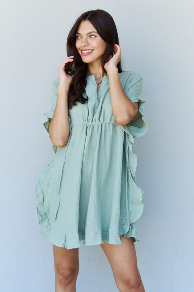 Ninexis Out Of Time Full Size Ruffle Hem Dress with Drawstring Waistband in Light Sage  | KIKI COUTURE