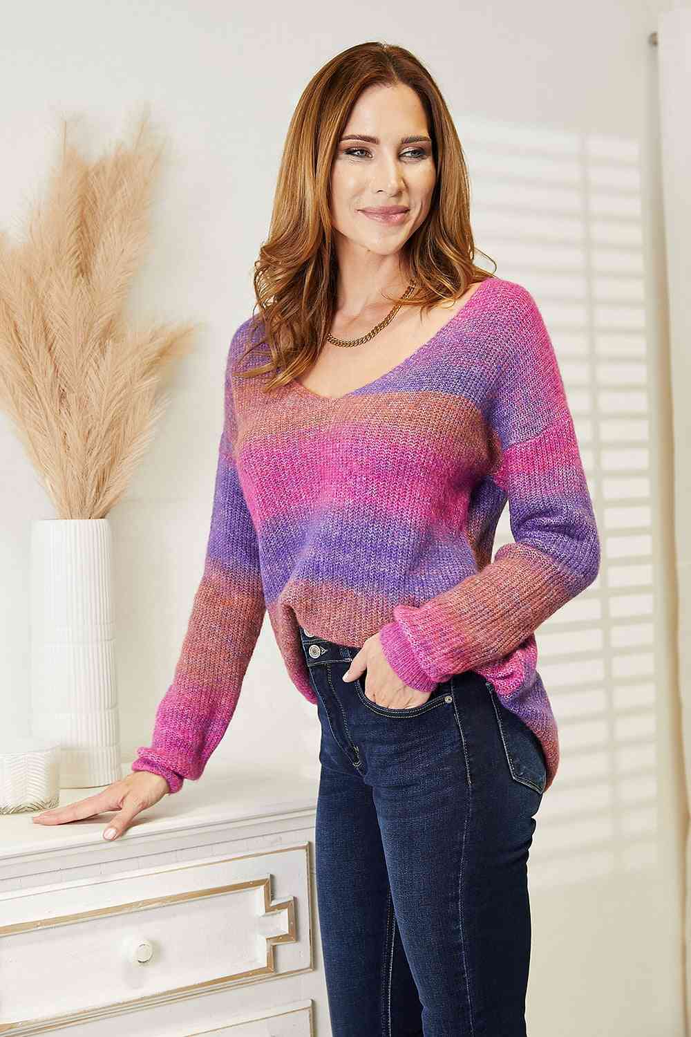 Double Take Multicolored Rib-Knit V-Neck Knit Pullover  | KIKI COUTURE