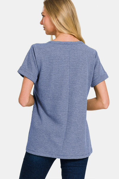 Zenana Notched Short Sleeve Waffle T-Shirt  | KIKI COUTURE