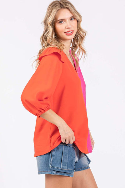 GeeGee Full Size Ruffle Trim Contrast Blouse  | KIKI COUTURE