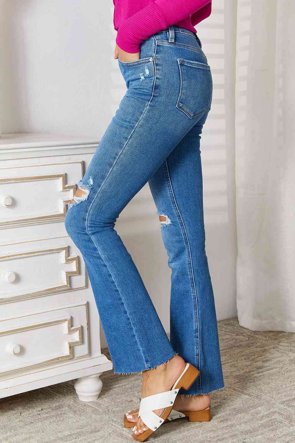 Kancan Full Size Distressed Raw Hem Bootcut Jeans  | KIKI COUTURE