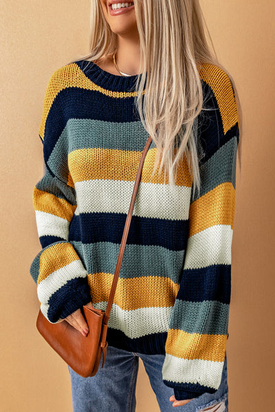Striped Dropped Shoulder Knitted Pullover Sweater  | KIKI COUTURE-Women's Clothing, Designer Fashions, Shoes, Bags