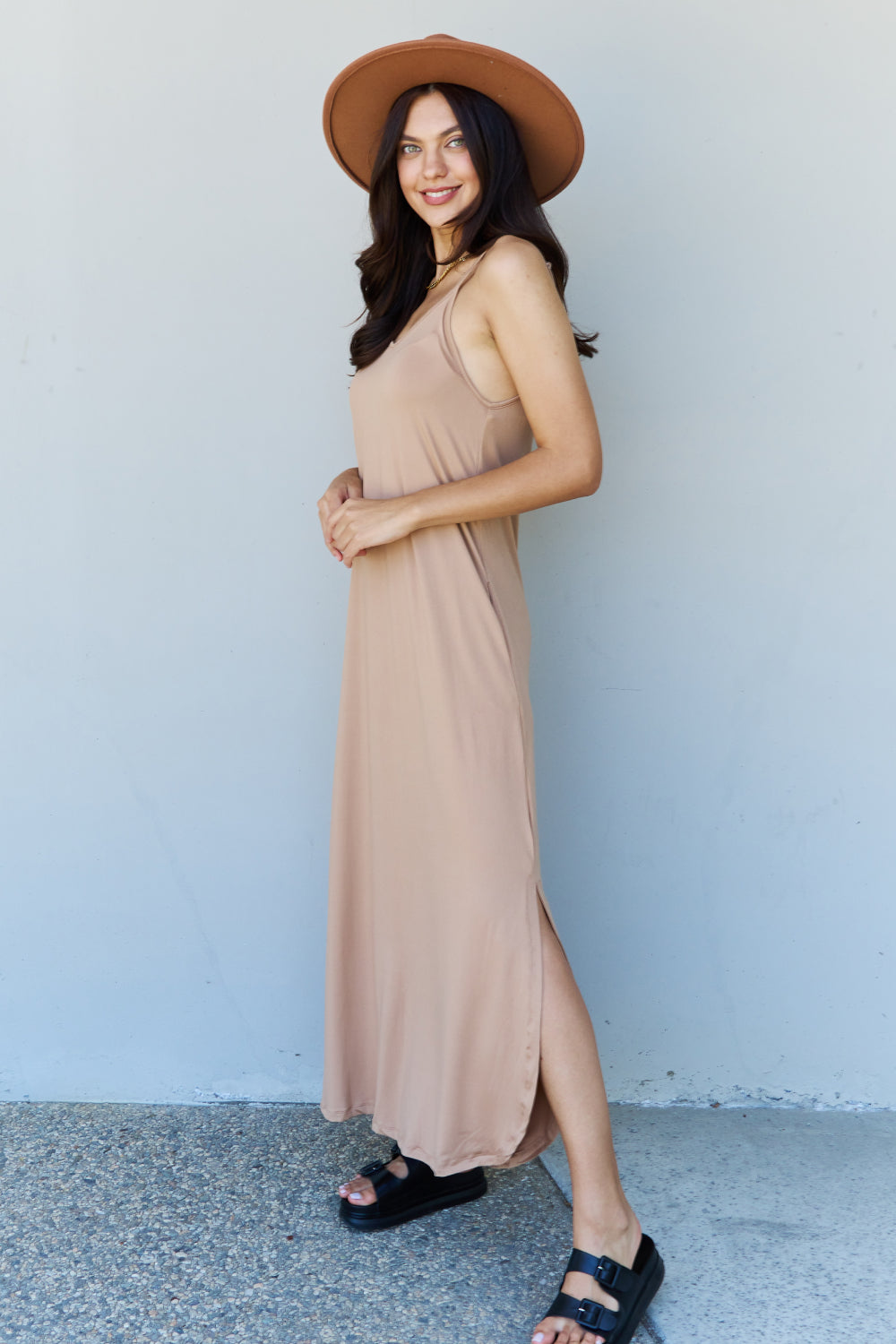 Ninexis Good Energy Full Size Cami Side Slit Maxi Dress in Camel  | KIKI COUTURE