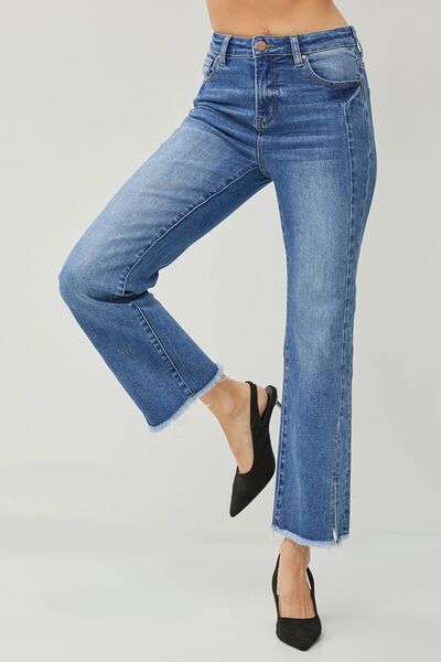 RISEN High Waist Raw Hem Slit Straight Jeans  | KIKI COUTURE