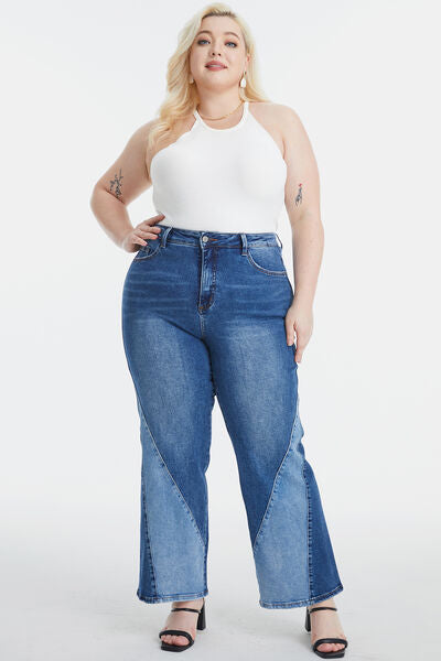 BAYEAS Full Size High Waist Two-Tones Patched Wide Leg Jeans  | KIKI COUTURE