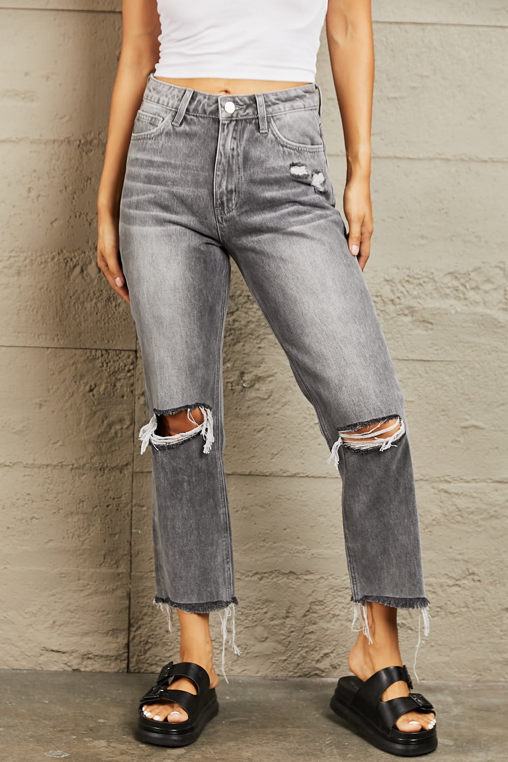 BAYEAS Stone Wash Distressed Cropped Straight Jeans  | KIKI COUTURE