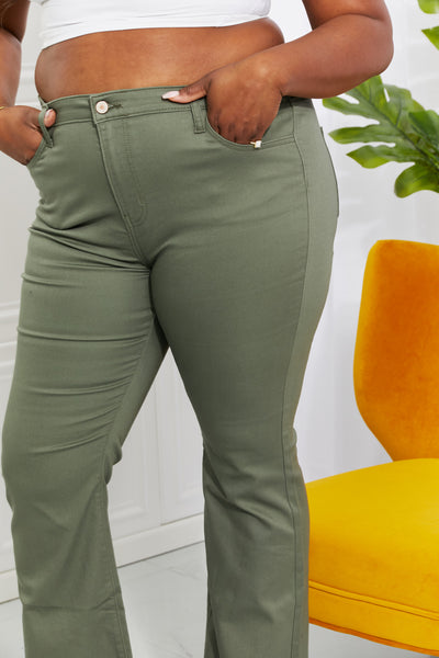 Zenana Clementine Full Size High-Rise Bootcut Jeans in Olive  | KIKI COUTURE