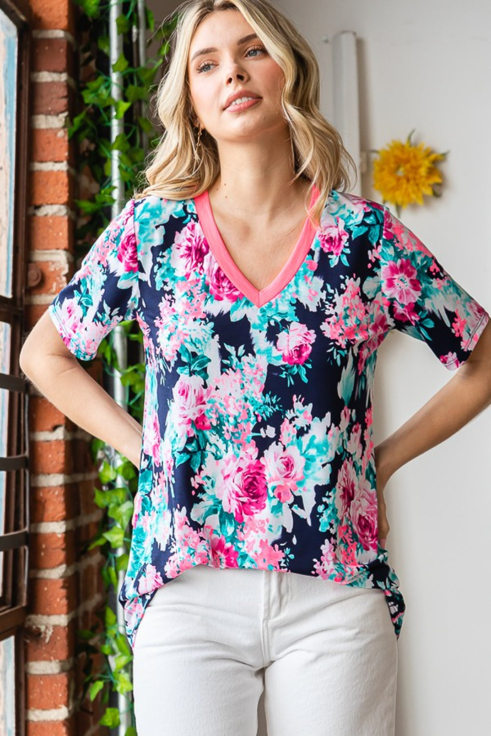 Heimish Full Size Floral V-Neck Short Sleeve T-Shirt  | KIKI COUTURE