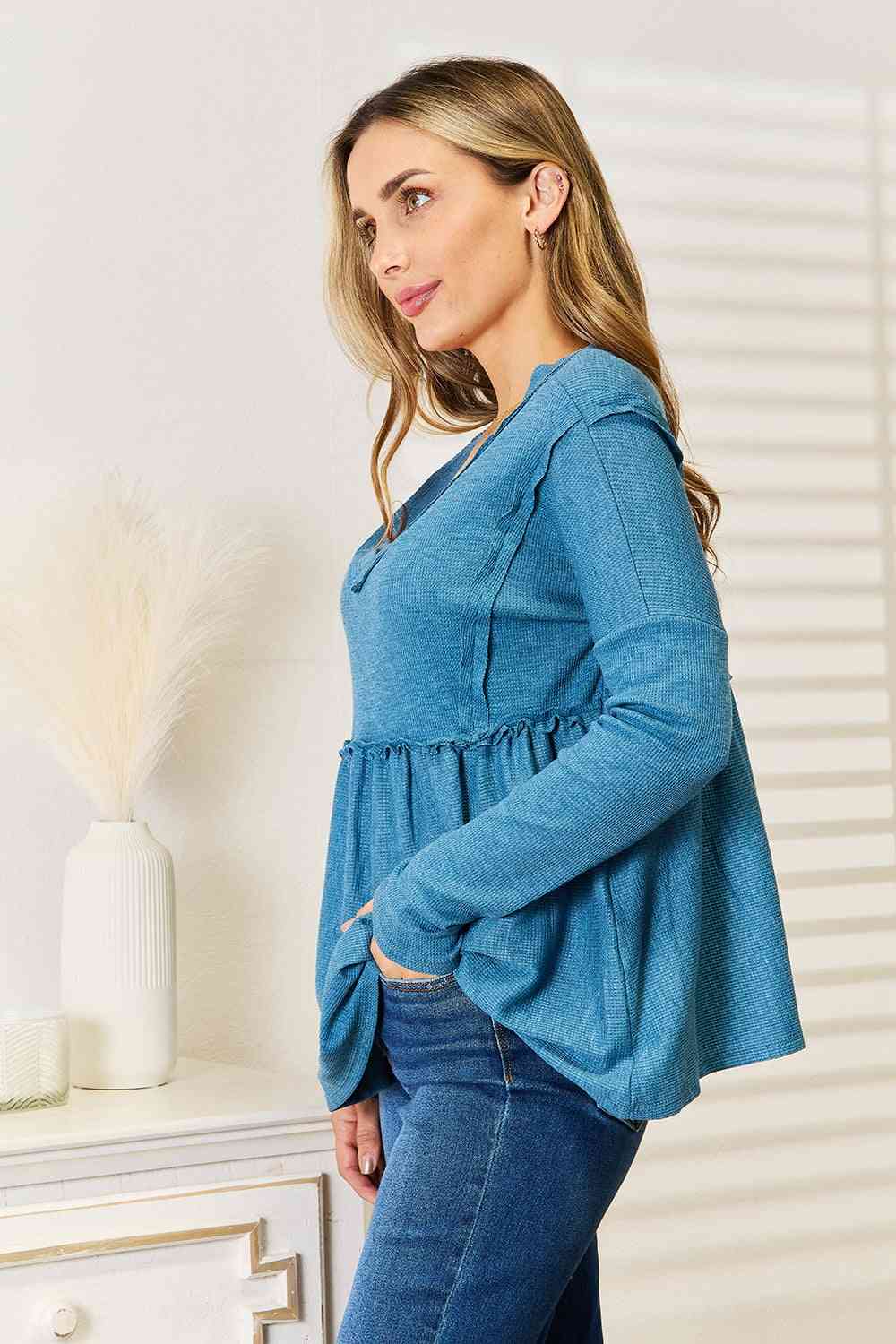 Jade By Jane Full Size Frill Trim Babydoll Blouse  | KIKI COUTURE