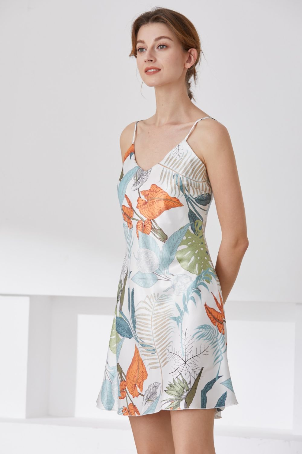Botanical Print V-Neck Spaghetti Strap Night Dress  | KIKI COUTURE-Women's Clothing, Designer Fashions, Shoes, Bags